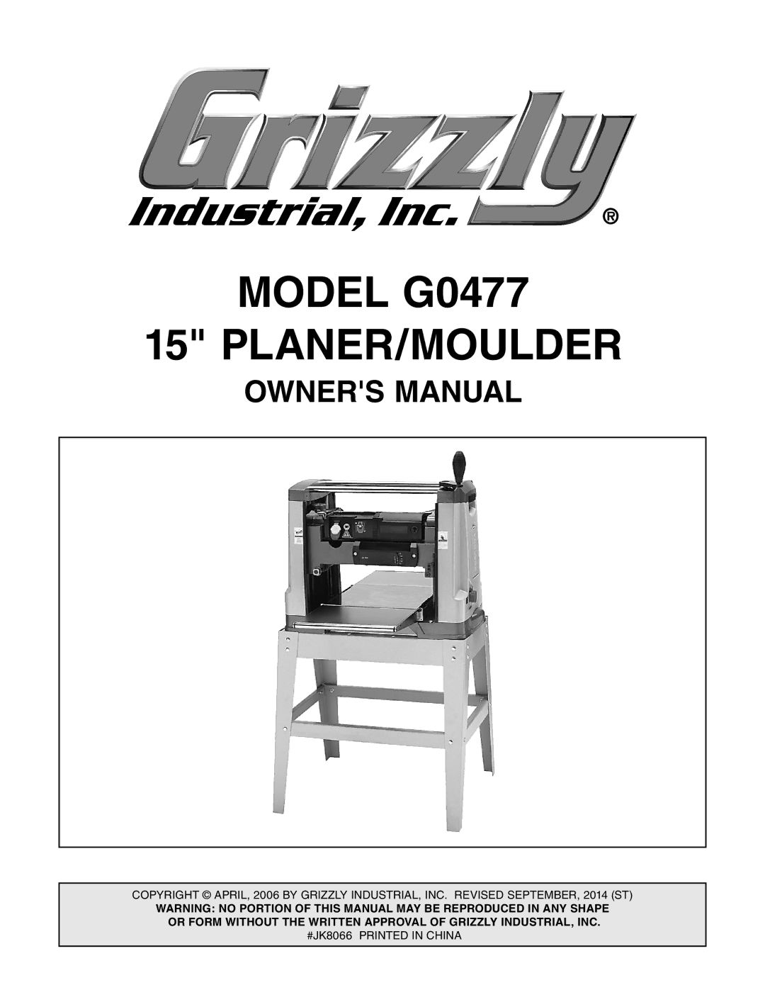 Grizzly owner manual Model G0477 PLANER/MOULDER 