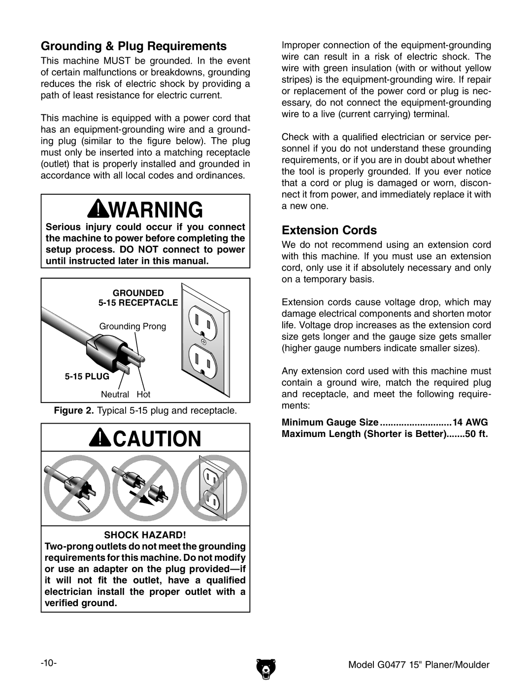 Grizzly G0477 owner manual Minimum Gauge Size 14 AWG, 50 ft 