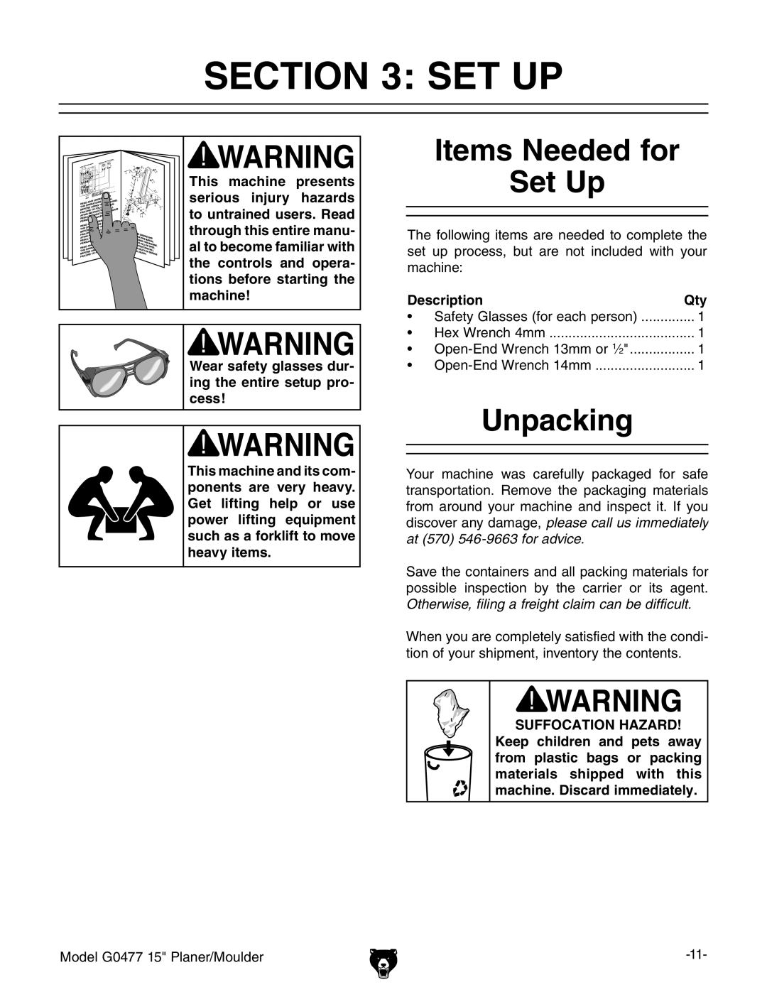 Grizzly G0477 owner manual Items Needed for Set Up, Unpacking, Description Qty 