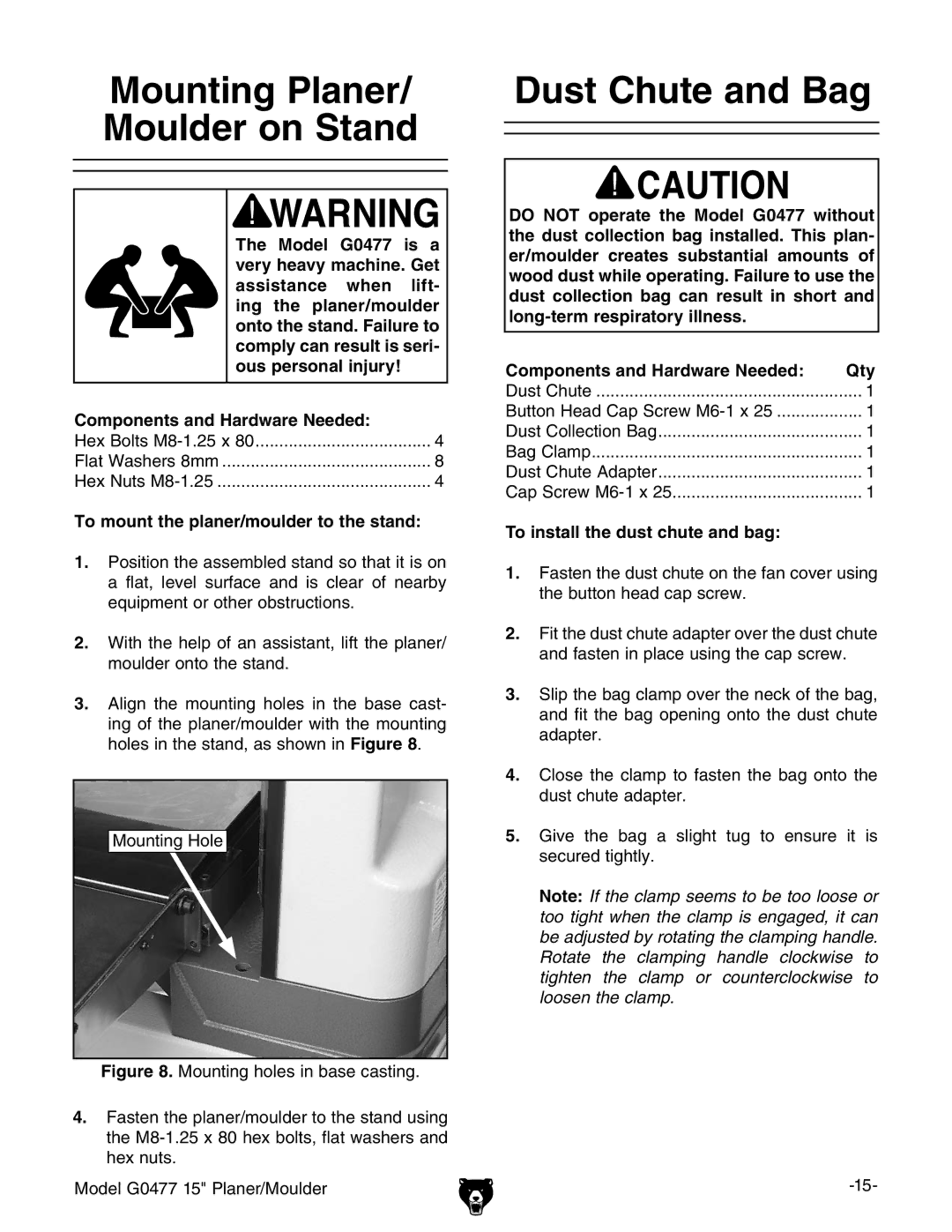 Grizzly G0477 owner manual Mounting Planer/ Moulder on Stand, Dust Chute and Bag, To mount the planer/moulder to the stand 