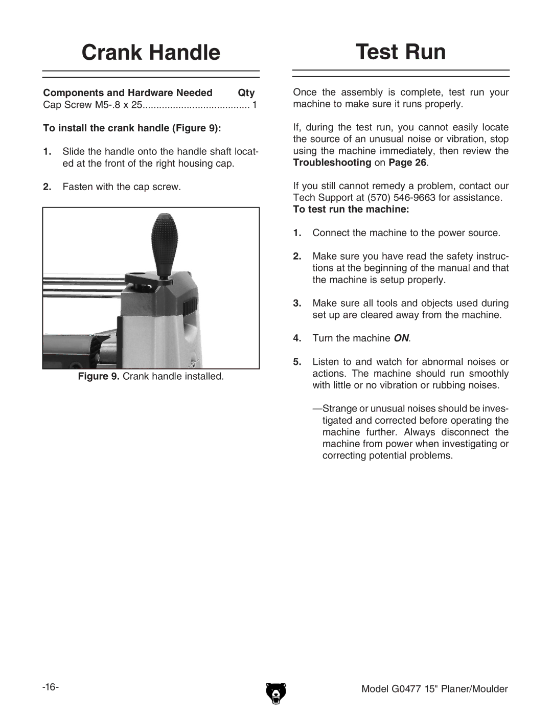 Grizzly G0477 owner manual Crank Handle, Test Run, To install the crank handle Figure, To test run the machine 