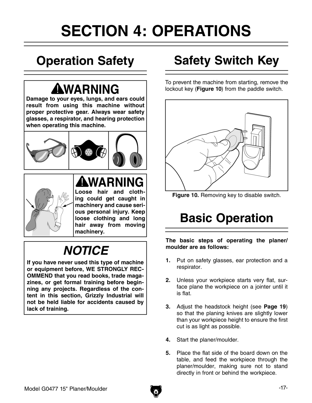 Grizzly G0477 owner manual Operations, Operation Safety Safety Switch Key, Basic Operation 