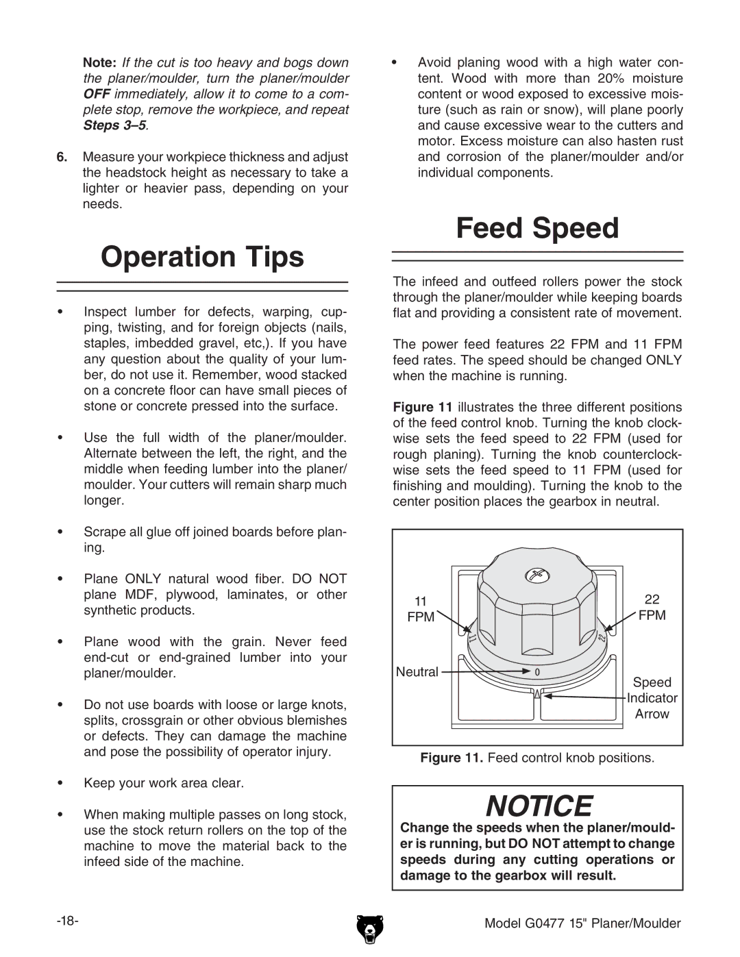 Grizzly G0477 owner manual Operation Tips, Feed Speed 