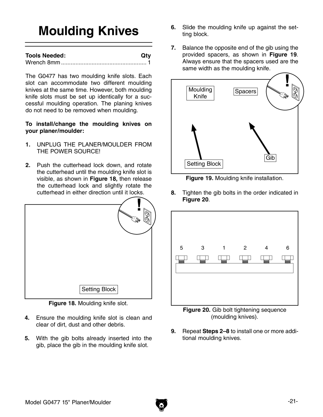 Grizzly G0477 owner manual Moulding Knives, Tools Needed Qty 