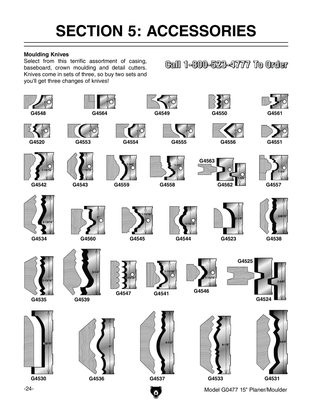 Grizzly owner manual Moulding Knives, Model G0477 15 Planer/Moulder 