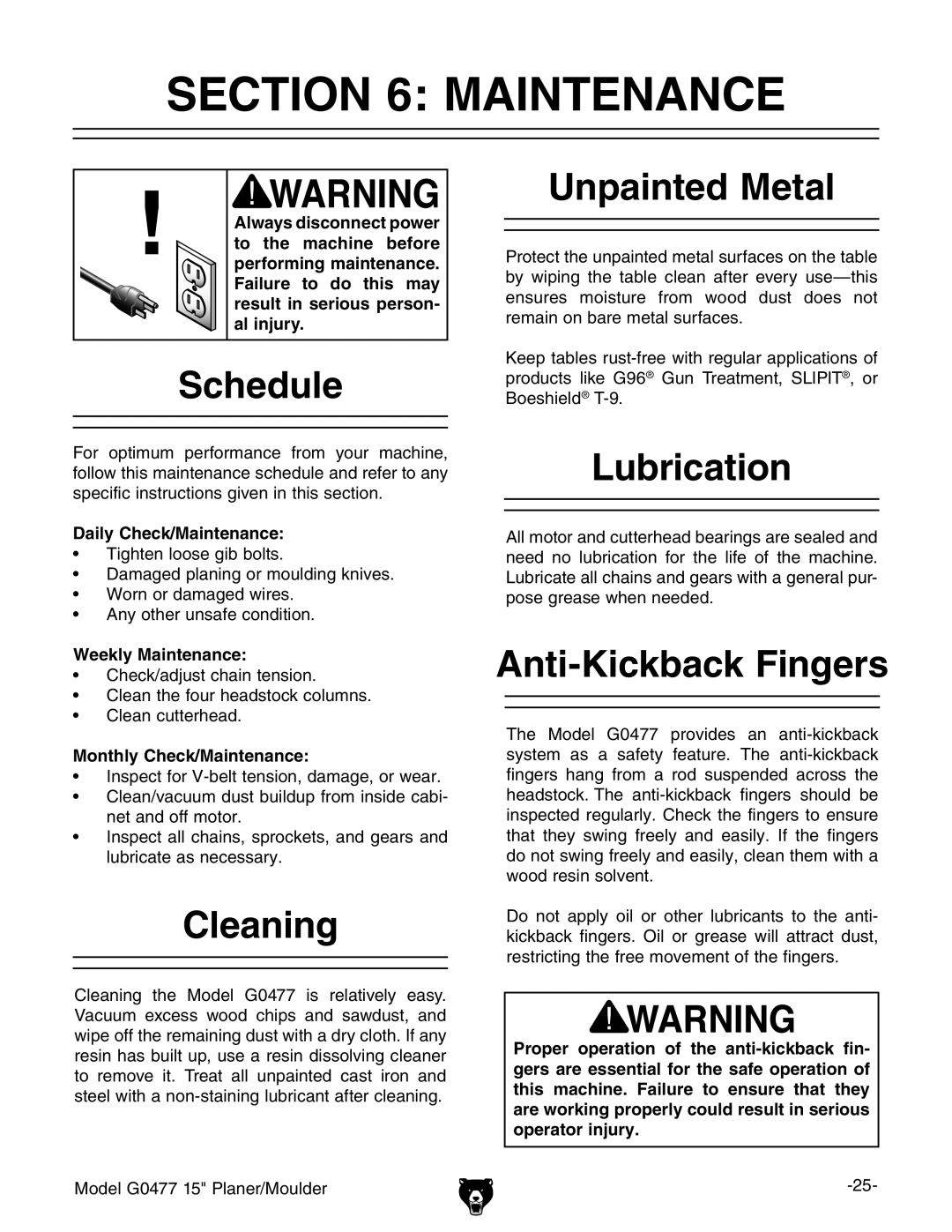 Grizzly G0477 owner manual Maintenance 