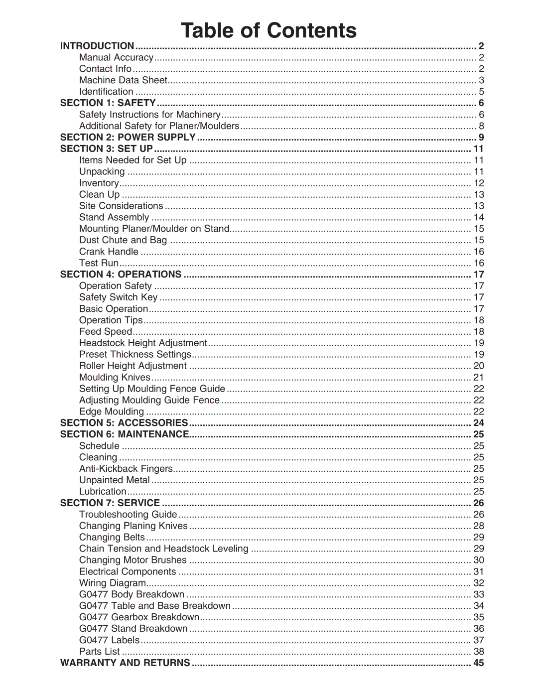 Grizzly G0477 owner manual Table of Contents 