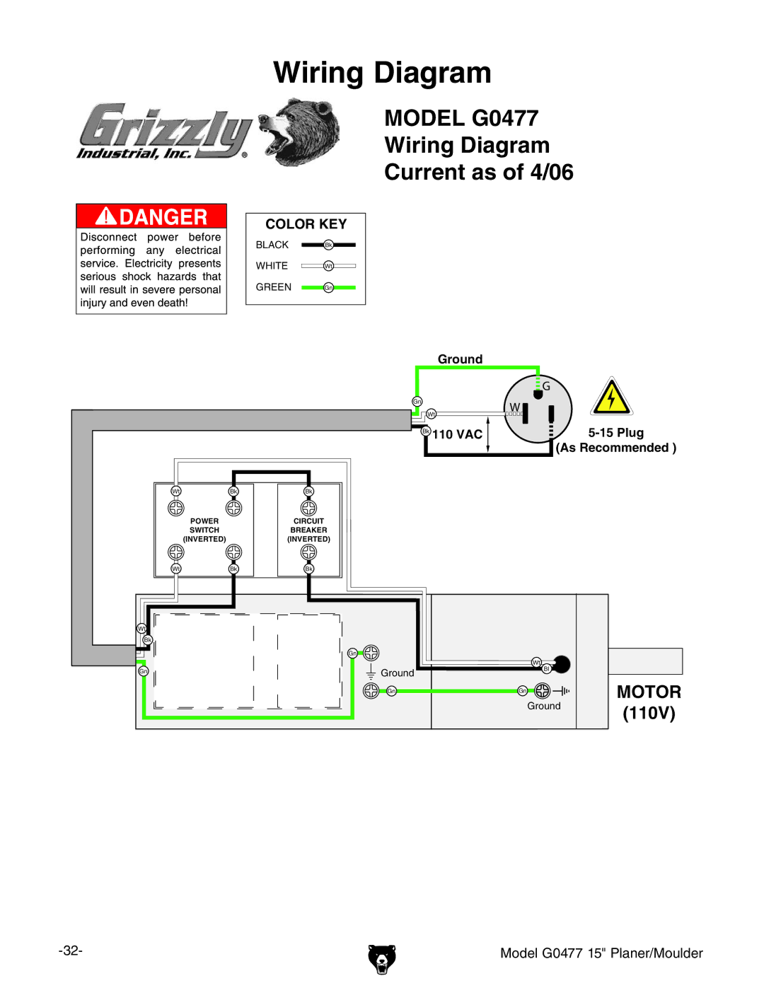 Grizzly owner manual Wiring Diagram, Model G0477 