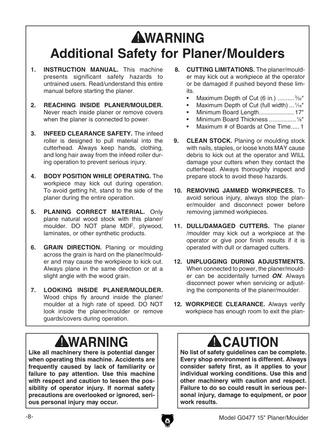 Grizzly G0477 owner manual Additional Safety for Planer/Moulders 