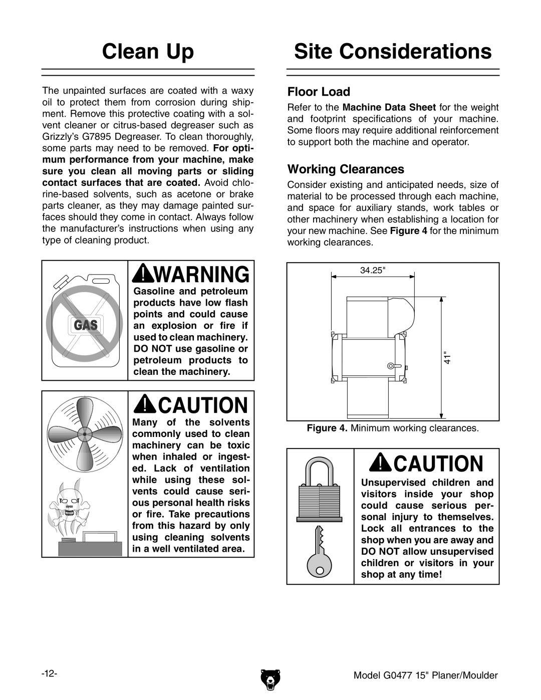 Grizzly G0477 owner manual Clean Up, Site Considerations 