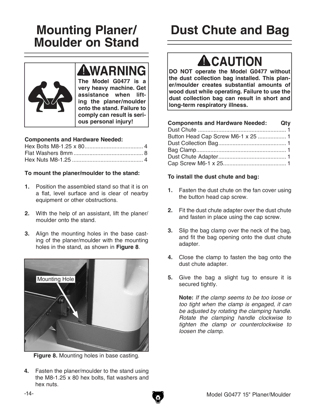 Grizzly G0477 owner manual Mounting Planer/ Moulder on Stand, Dust Chute and Bag, To mount the planer/moulder to the stand 
