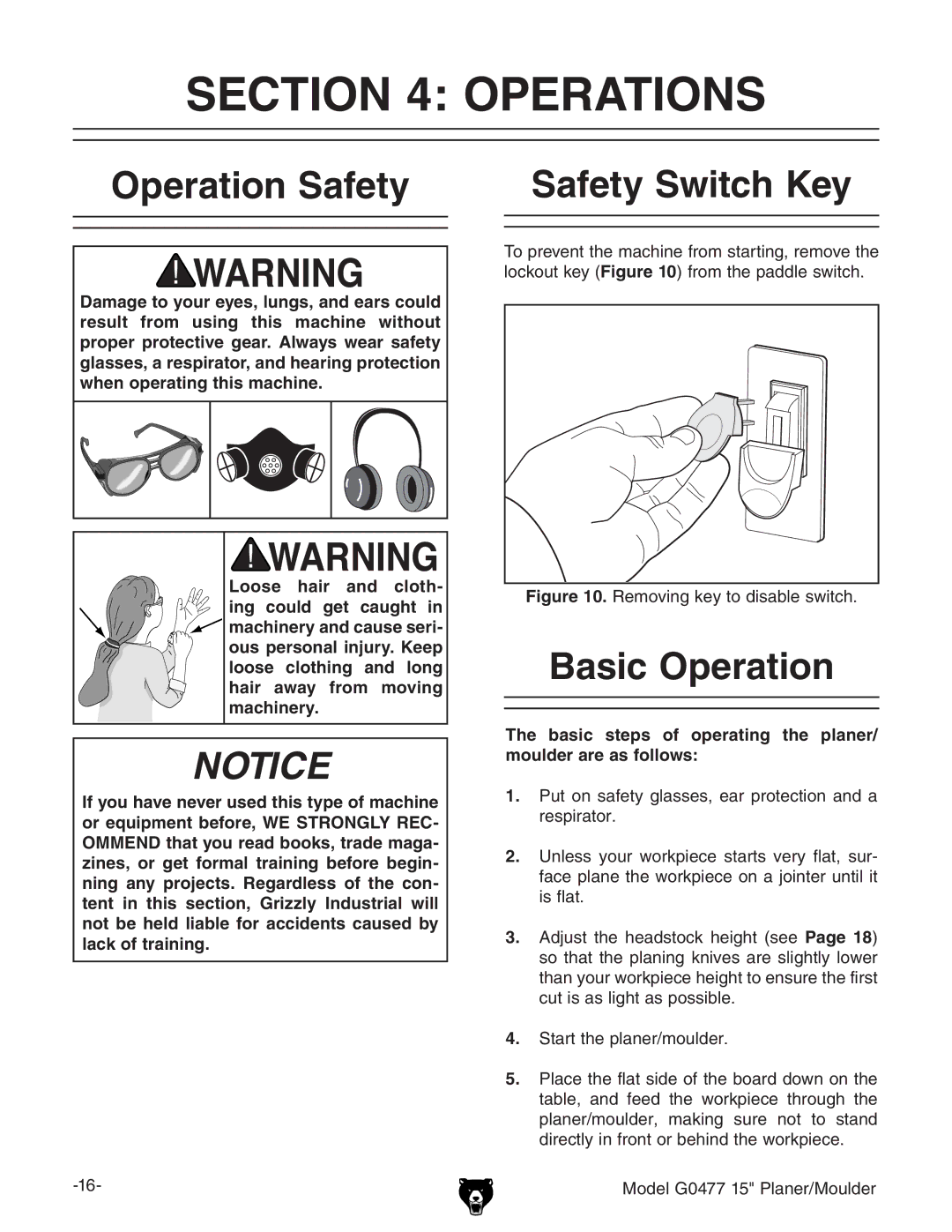 Grizzly G0477 owner manual Operations, Operation Safety Safety Switch Key, Basic Operation 