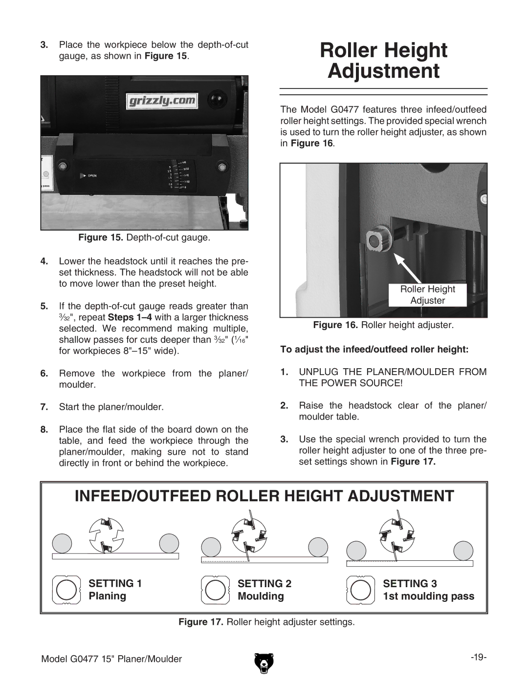 Grizzly G0477 owner manual Roller Height Adjustment, To adjust the infeed/outfeed roller height 