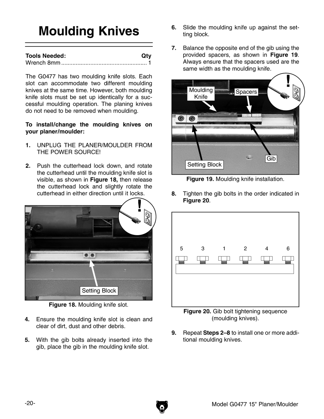 Grizzly G0477 owner manual Moulding Knives, Tools Needed Qty 