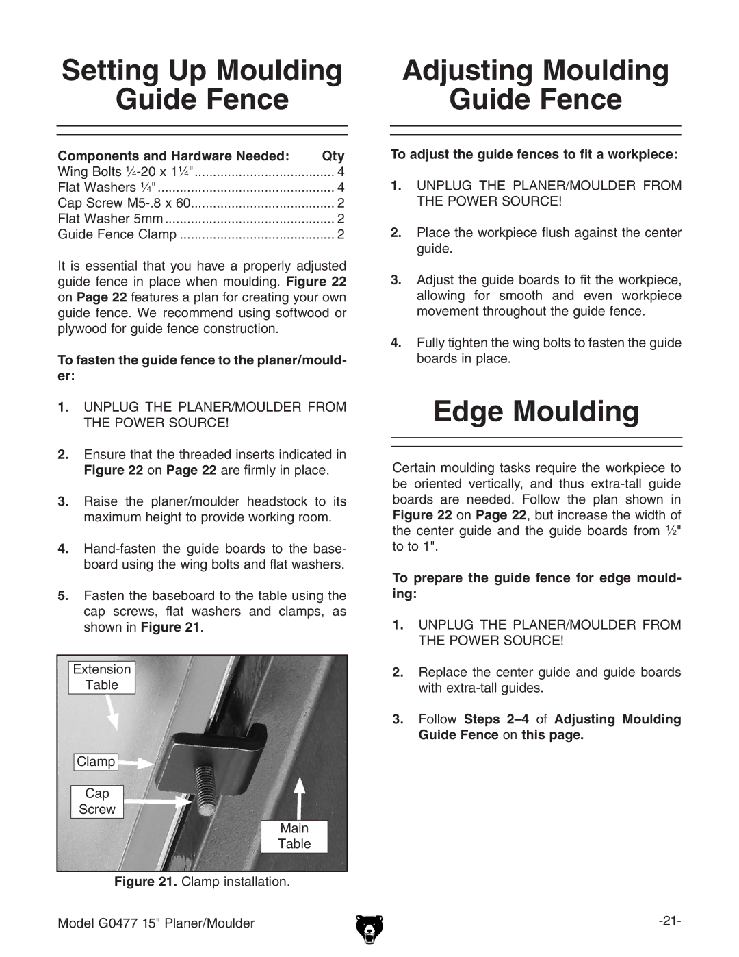 Grizzly G0477 owner manual Setting Up Moulding Guide Fence, Adjusting Moulding Guide Fence, Edge Moulding 