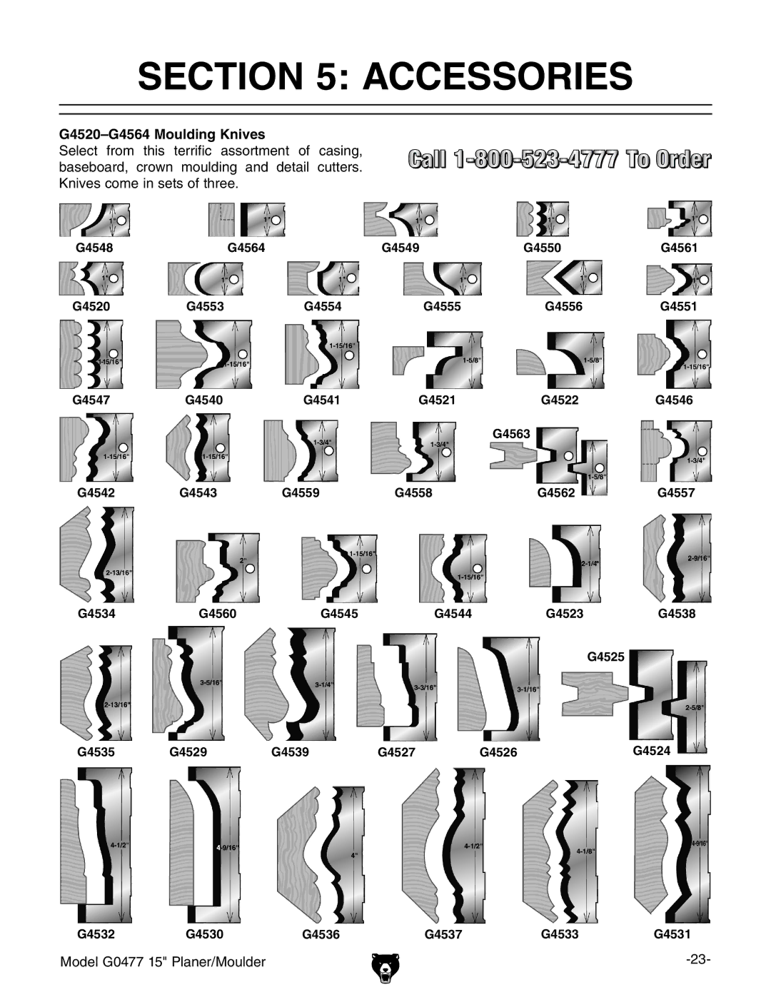 Grizzly G0477 owner manual Accessories, G4520-G4564 Moulding Knives 