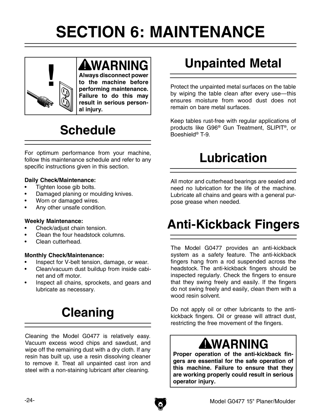 Grizzly G0477 owner manual Maintenance 