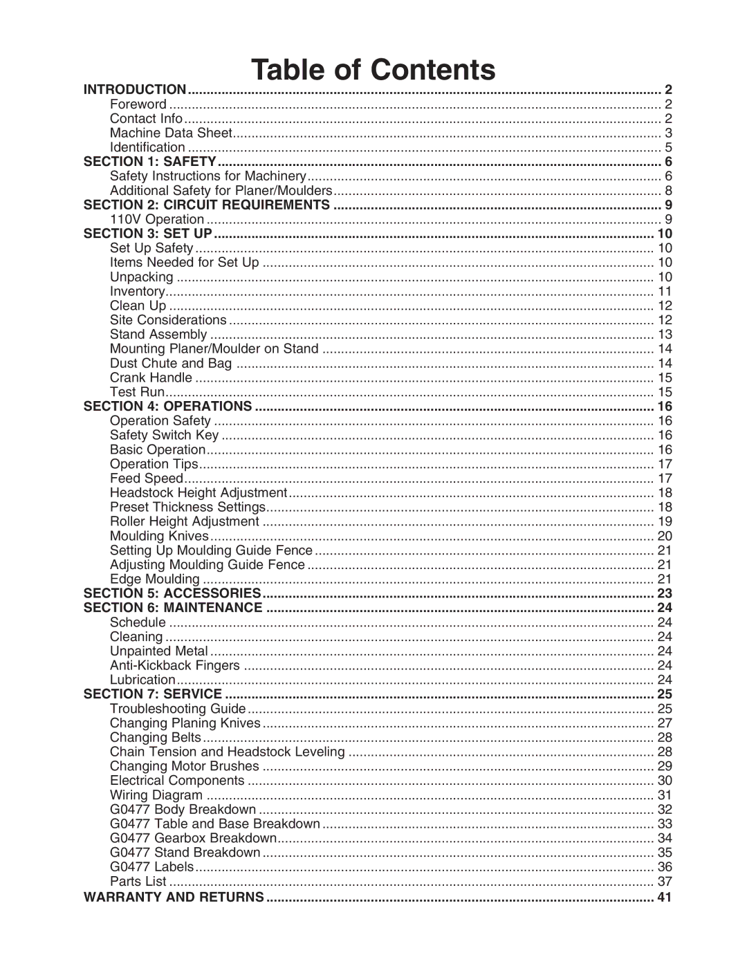 Grizzly G0477 owner manual Table of Contents 