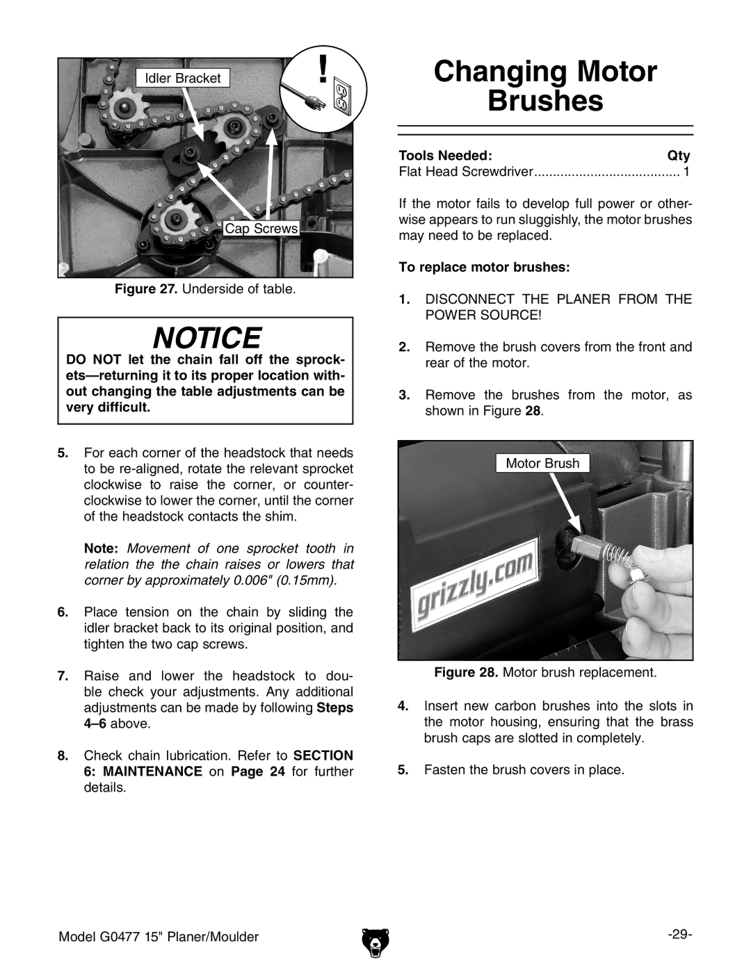 Grizzly G0477 owner manual Changing Motor Brushes, To replace motor brushes 