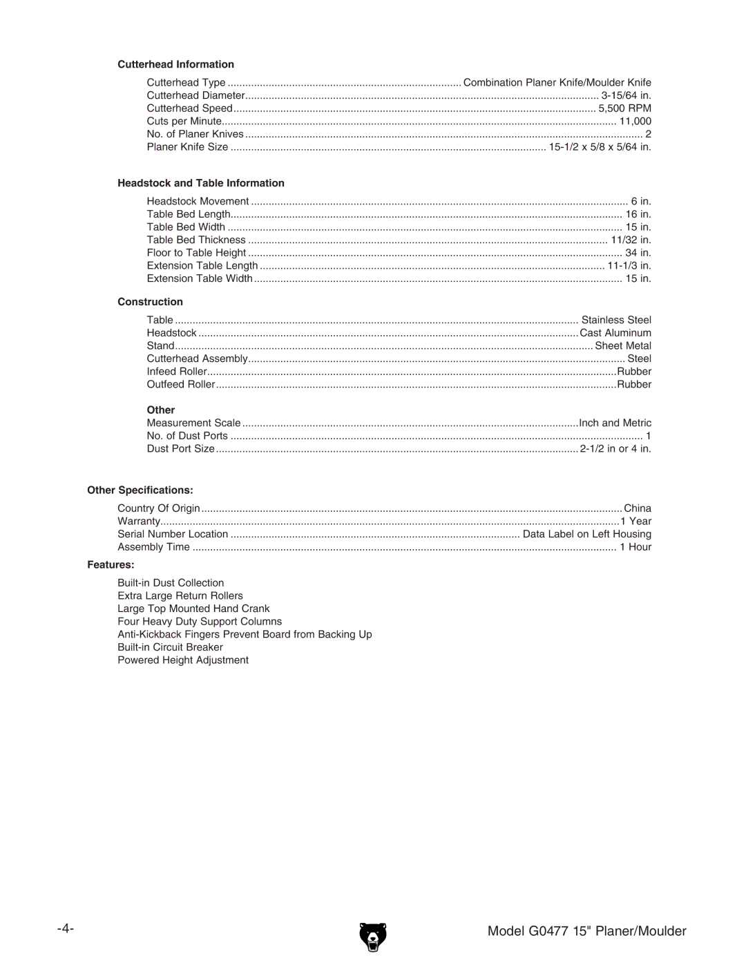 Grizzly owner manual Model G0477 15 Planer/Moulder 