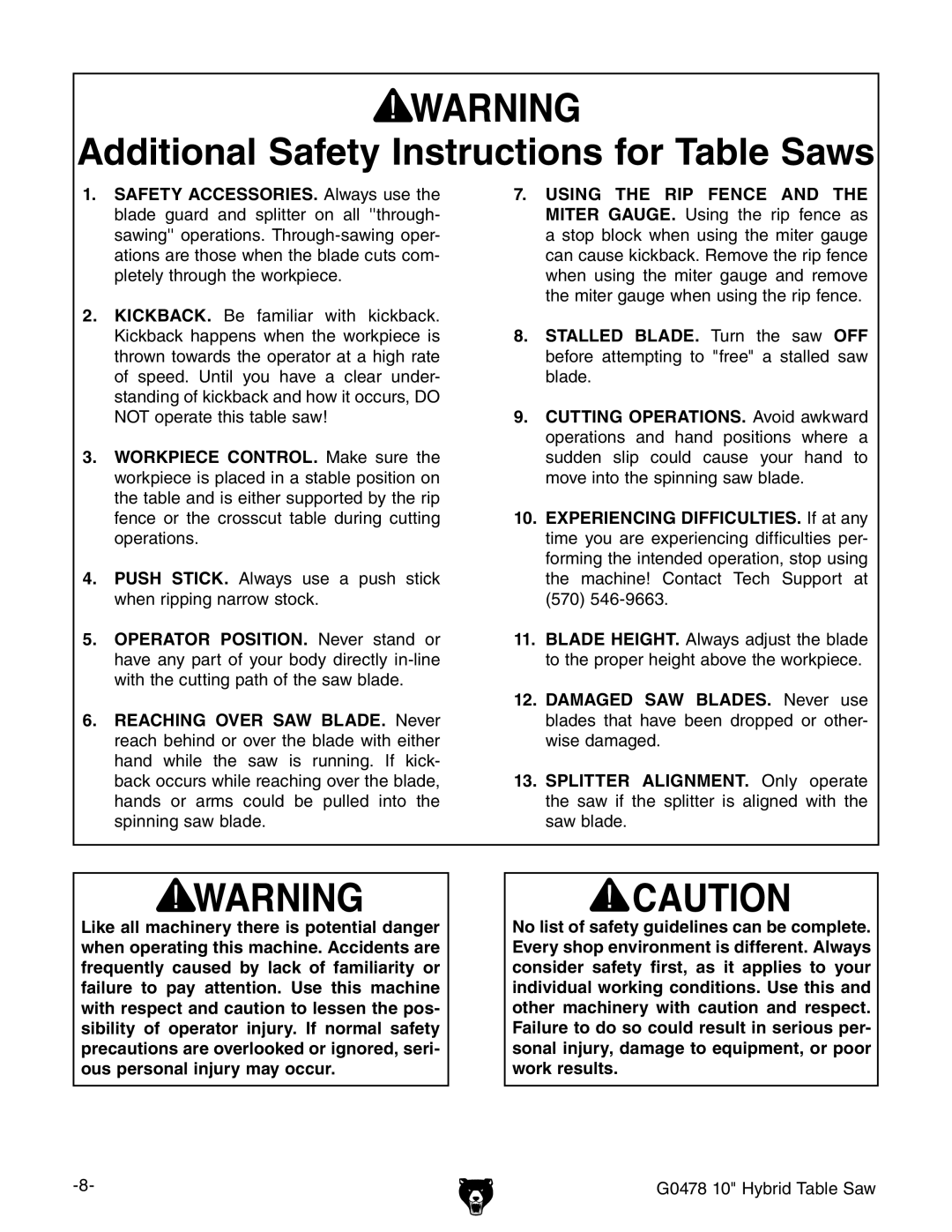 Grizzly G0478 manual Dditional 3AFETY Nstructions for 4ABLE 3AWS 