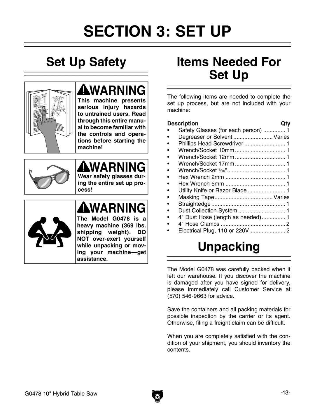 Grizzly G0478 manual #4/. 3%4, 3ETT5P 3AFETY, 5NPACKING, $Escriptioni 