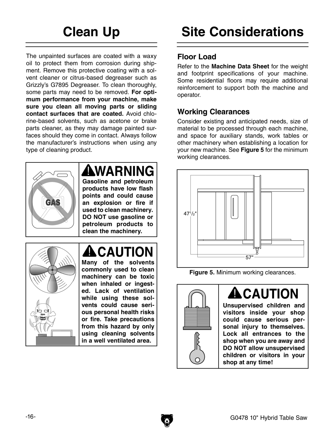 Grizzly G0478 manual #LEAN 5P, 3ITE #ONSIDERATIONS, Looro,Oad, 7ORKINGK#LEARANCES, Igure Bcbjbldg`c\XaZVgVcXZh# 