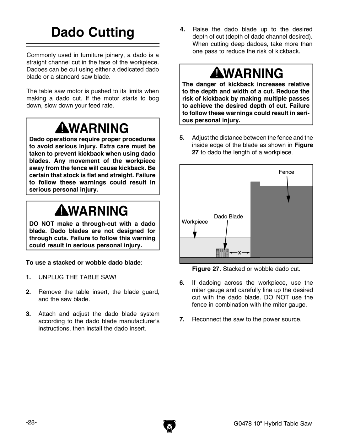 Grizzly G0478 manual $Ado #Utting, 4O Usesaastackedcor Wobble Dado Blade,  GZXdccZXiiZhVlidiZedlZghdjgXZ# 