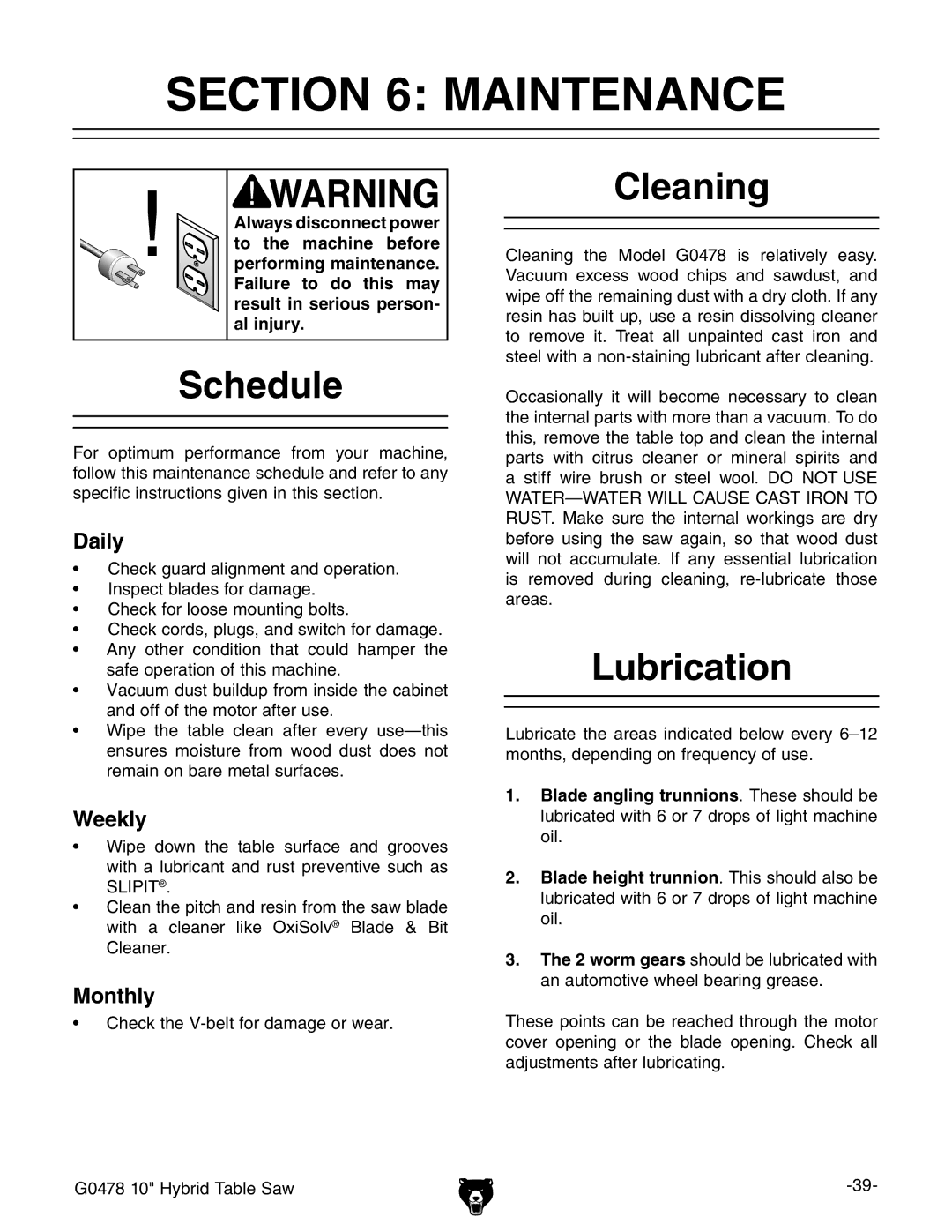 Grizzly G0478 manual #4/. -!.4%.!.#%, 3CHEDULE, #Leaning, Ubrication 