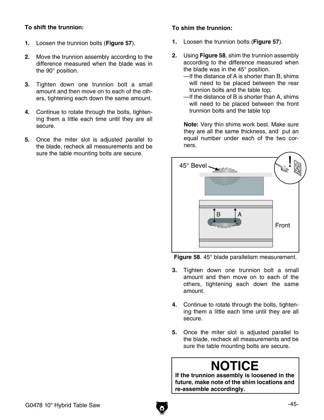 Grizzly G0478 manual 4O SHIFTITHEHTRUNNION, 4O Shim THEHTRUNNION 