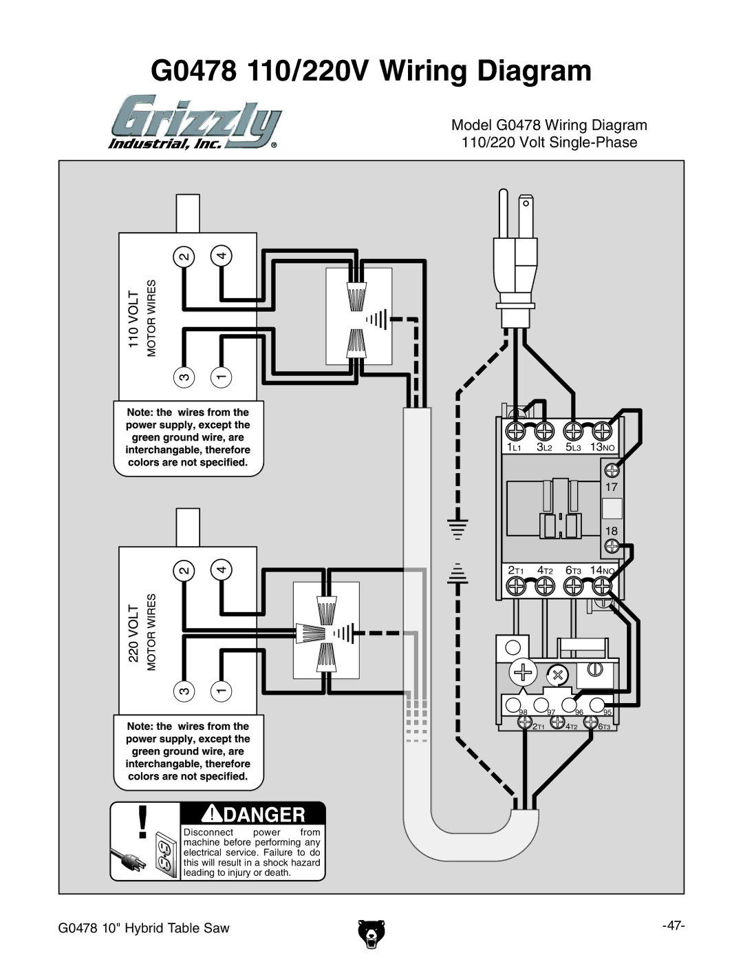 Grizzly G0478 manual 6 7IRING $IAGRAM 