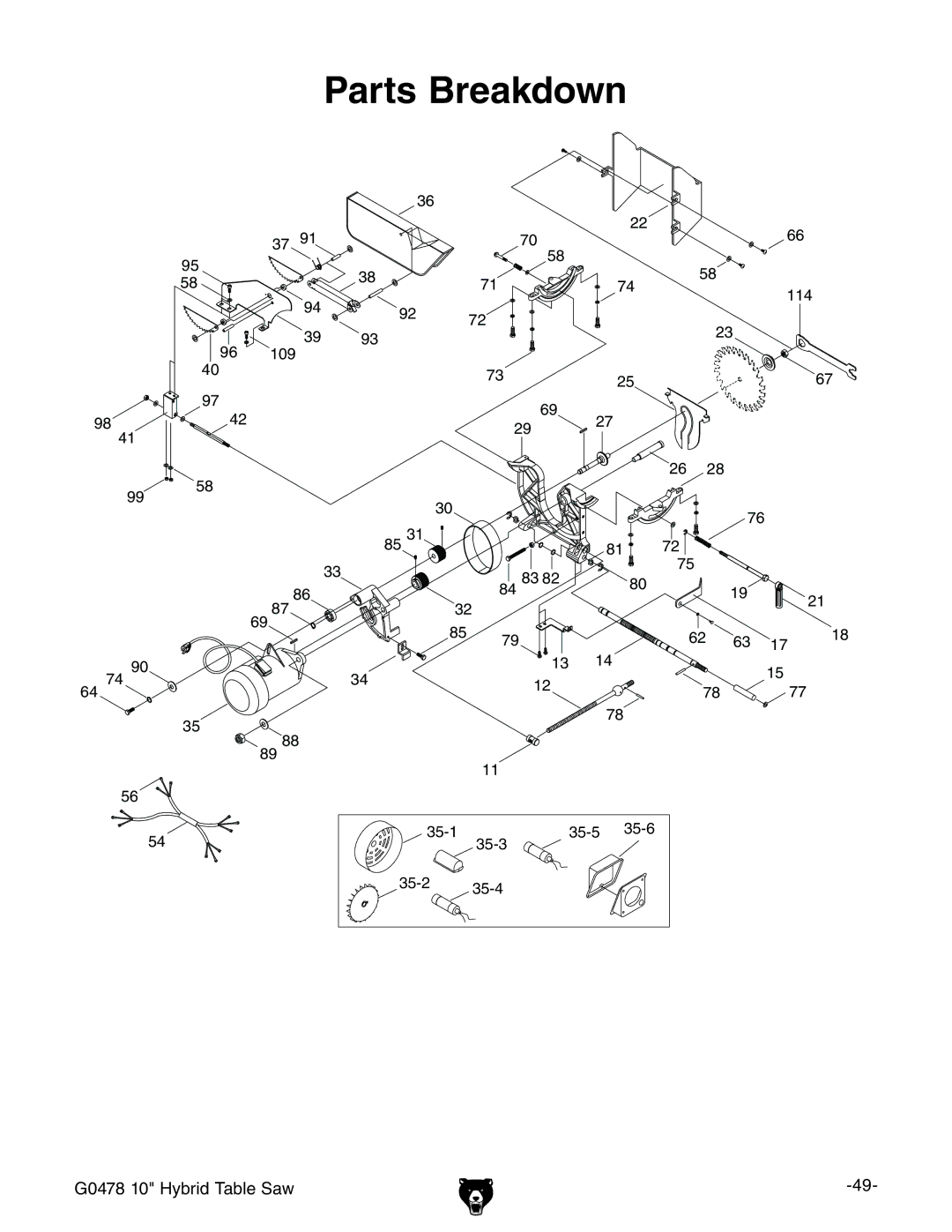 Grizzly G0478 manual 0ARTSSREAKDOWN 