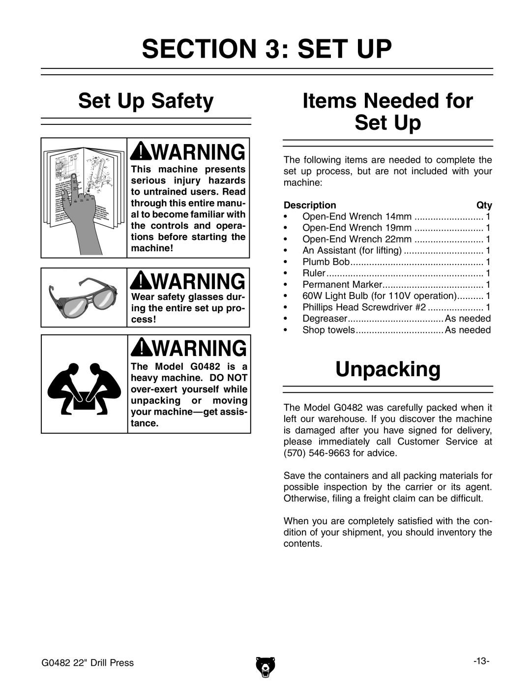 Grizzly G0482 manual #4/. 3%4, 3ETT5P 3AFETY, 5NPACKING, $Escriptioni 