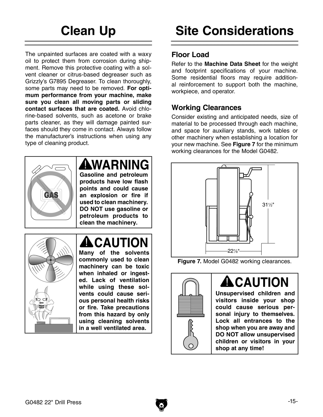 Grizzly G0482 manual #LEAN 5P, 3ITE #ONSIDERATIONS, Looro,Oad, 7ORKINGK#LEARANCES, Igure BdYZa%-ldg`c\XaZVgVcXZh# 