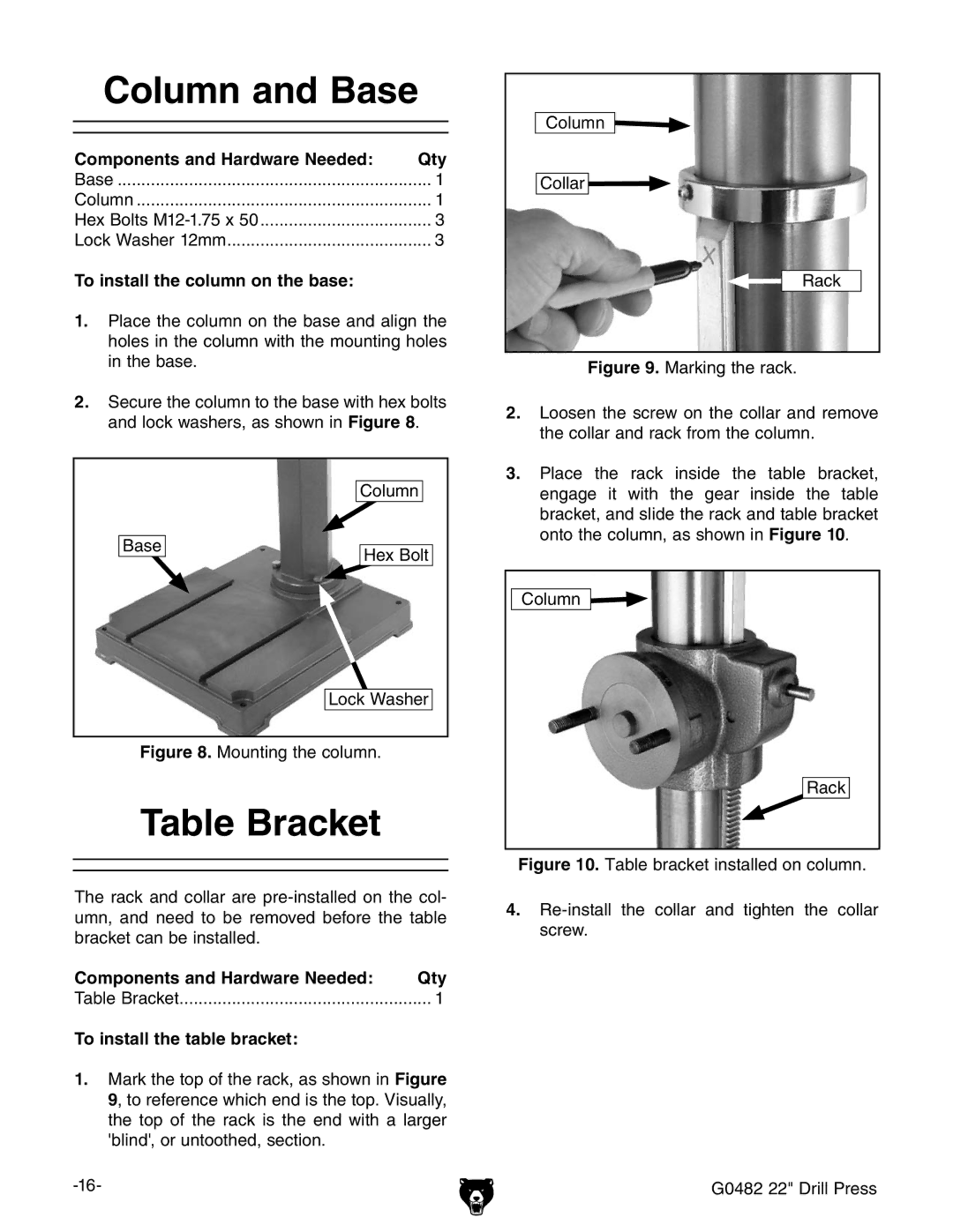 Grizzly G0482 manual #OLUMN and ASE, #OMPONENTS and Ardware .EEDED 1TY, 4O Install the Column on the BASE 