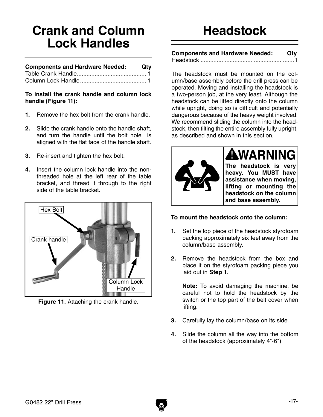 Grizzly G0482 manual OCK Andles, Eadstock, 4O Mount the Headstock Onto the COLUMN 