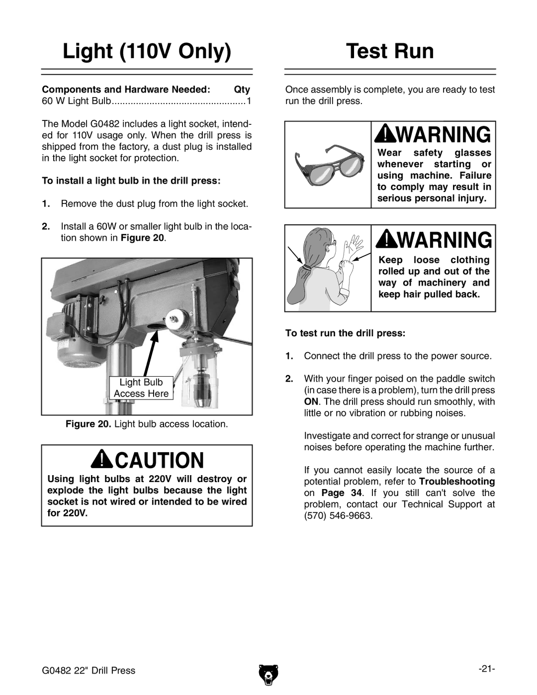 Grizzly G0482 manual 4EST 2UN, 4O Install a Light Bulblin the Drill PRESS, 7EAR Safety, +Eep 