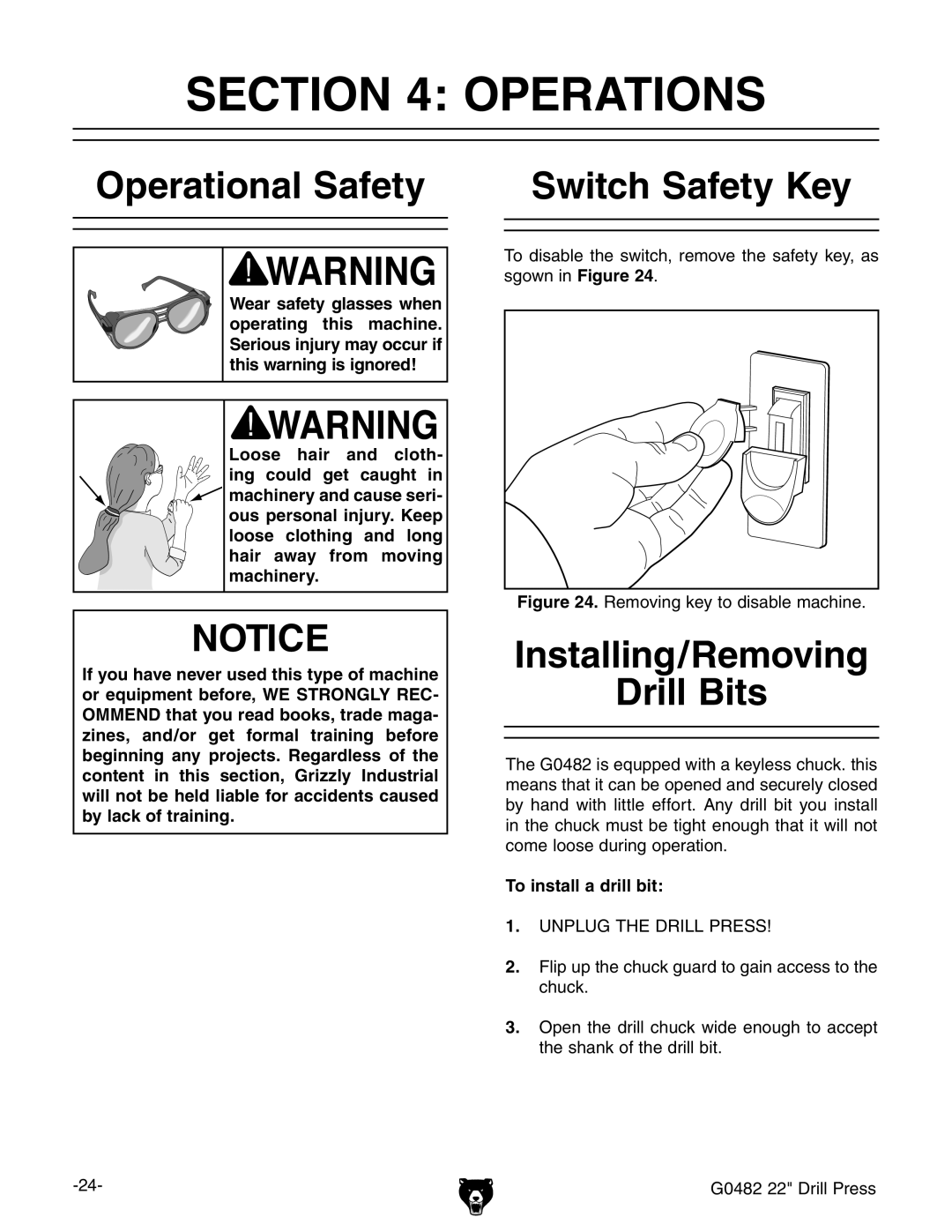 Grizzly G0482 manual #4/.  /0%2!4/.3, PERATIONALI3AFETY, 3WITCH 3AFETY +EY, $Rill Its 