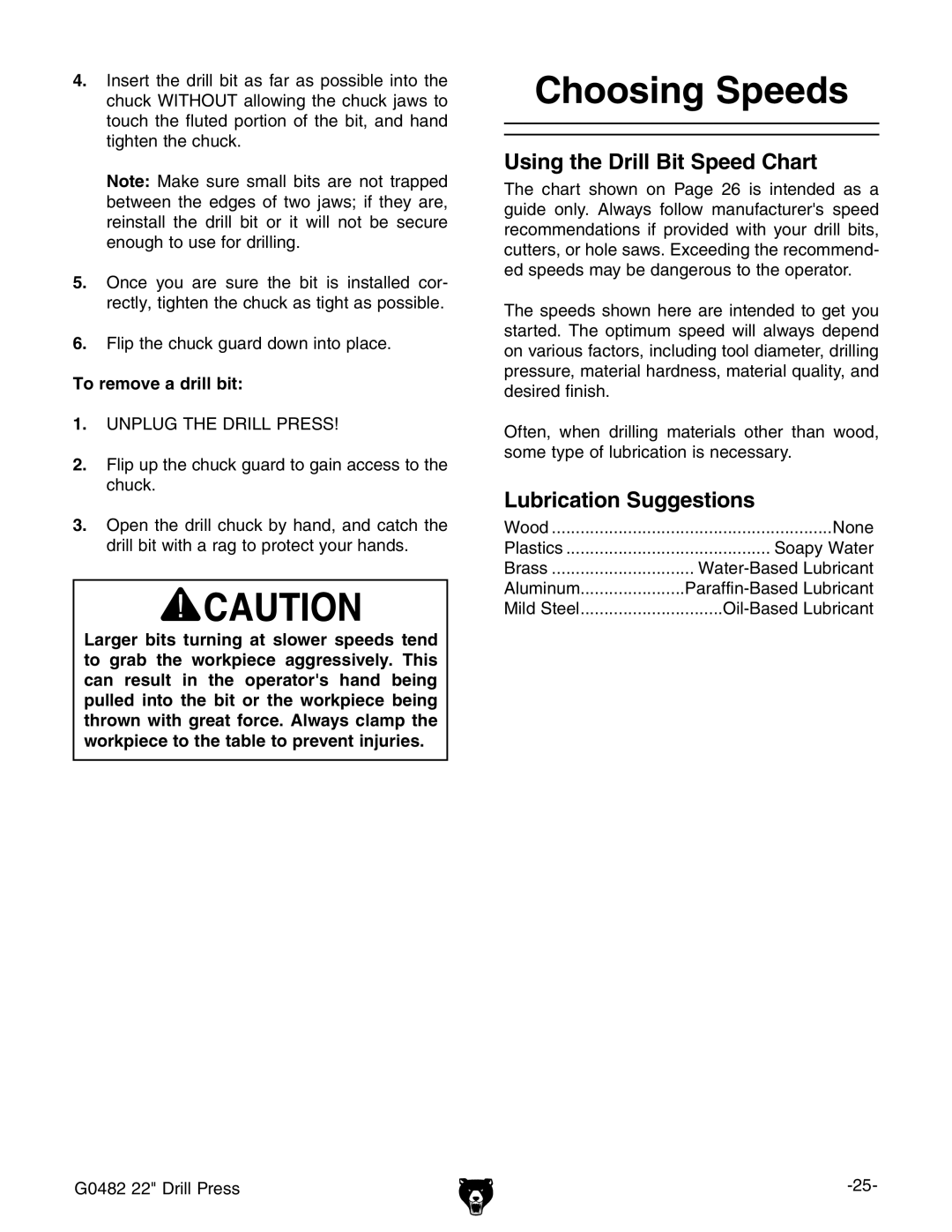 Grizzly G0482 manual #HOOSING 3PEEDS, 5SINGITHEH$RILLIITI3PEEDE#HART, UBRICATIONC3UGGESTIONS, 4O Remove AADRILLIBIT 