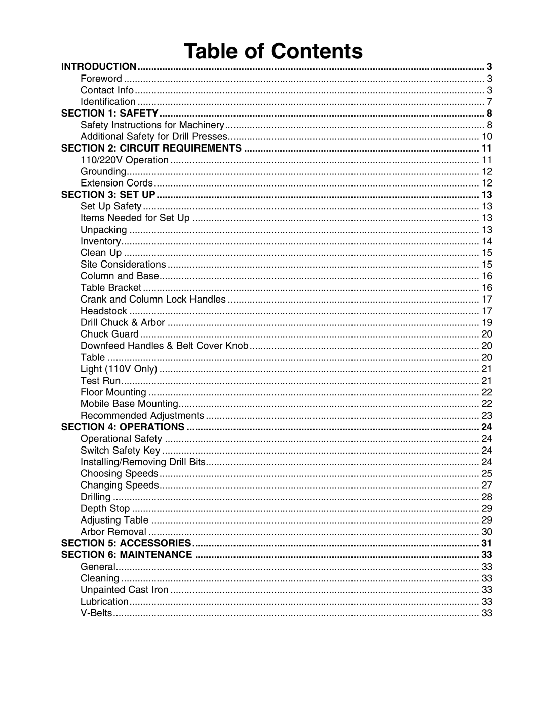 Grizzly G0482 manual 4ABLE of #ONTENTS 