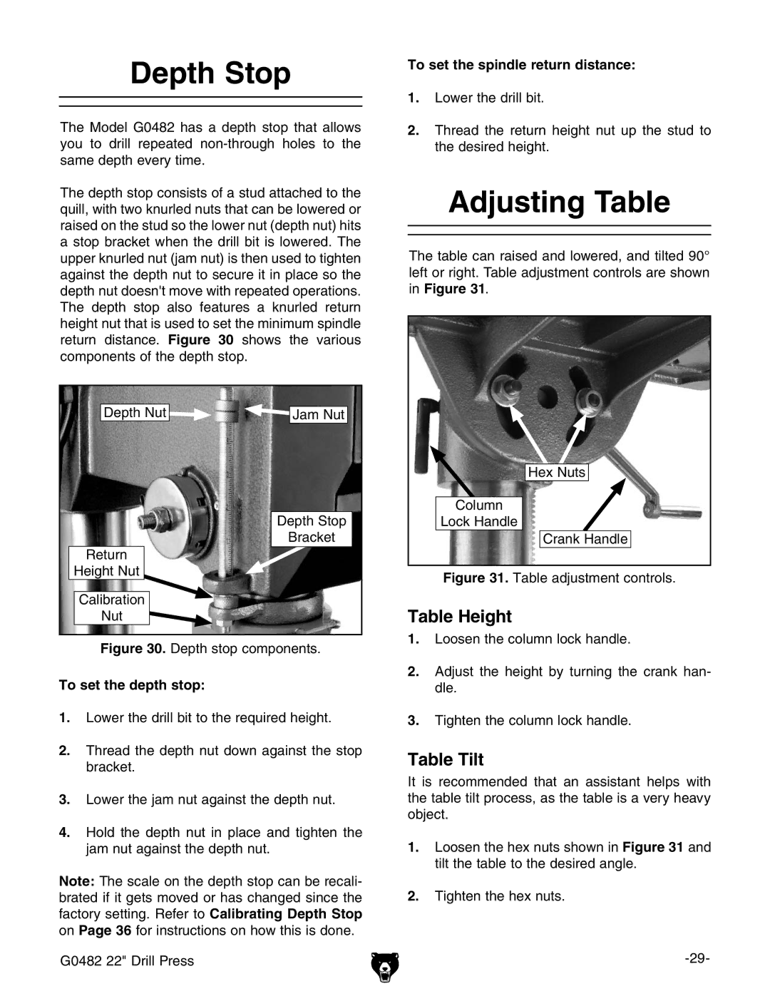 Grizzly G0482 manual $EPTH 3TOP, Djusting 4ABLE, 4ABLEBEIGHT, 4ABLEB4ILT 