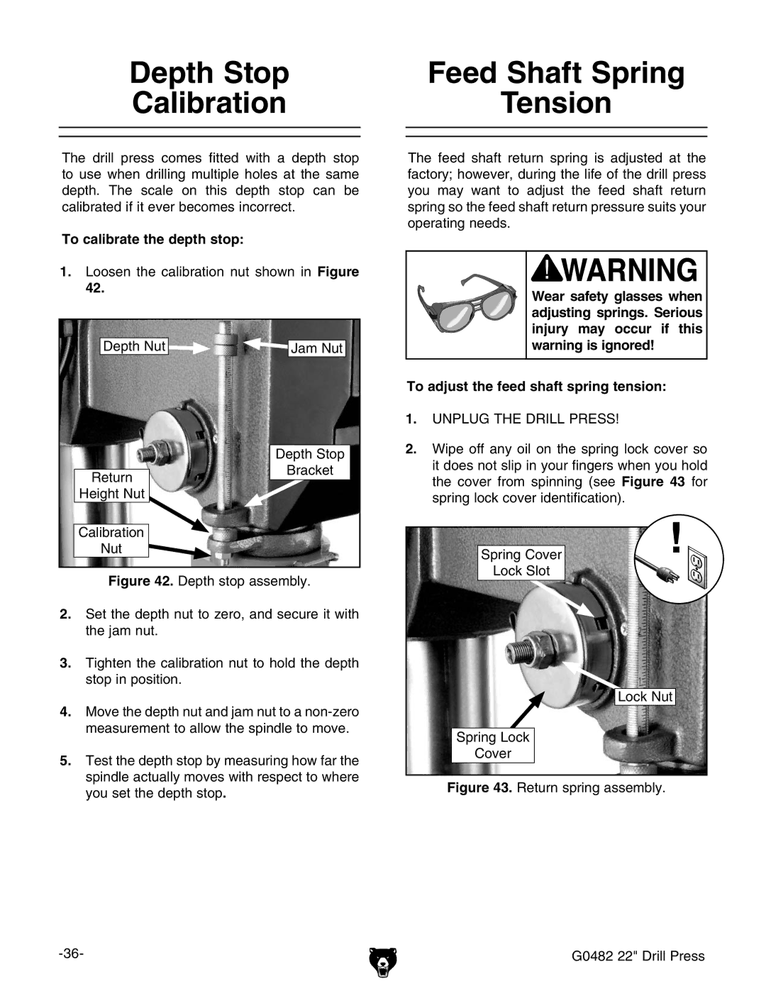 Grizzly G0482 manual EED 3HAFT 3PRING 4ENSION, , 4O Adjust Thehfeed Shaftaspring TENSION 