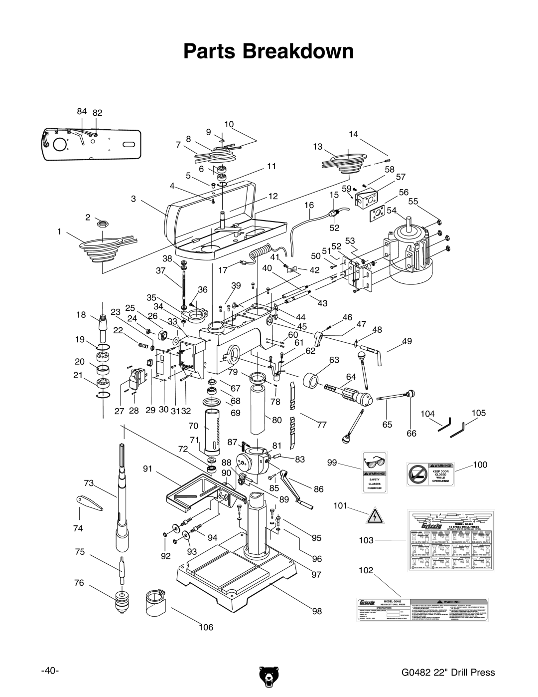 Grizzly G0482 manual 0ARTSSREAKDOWN 