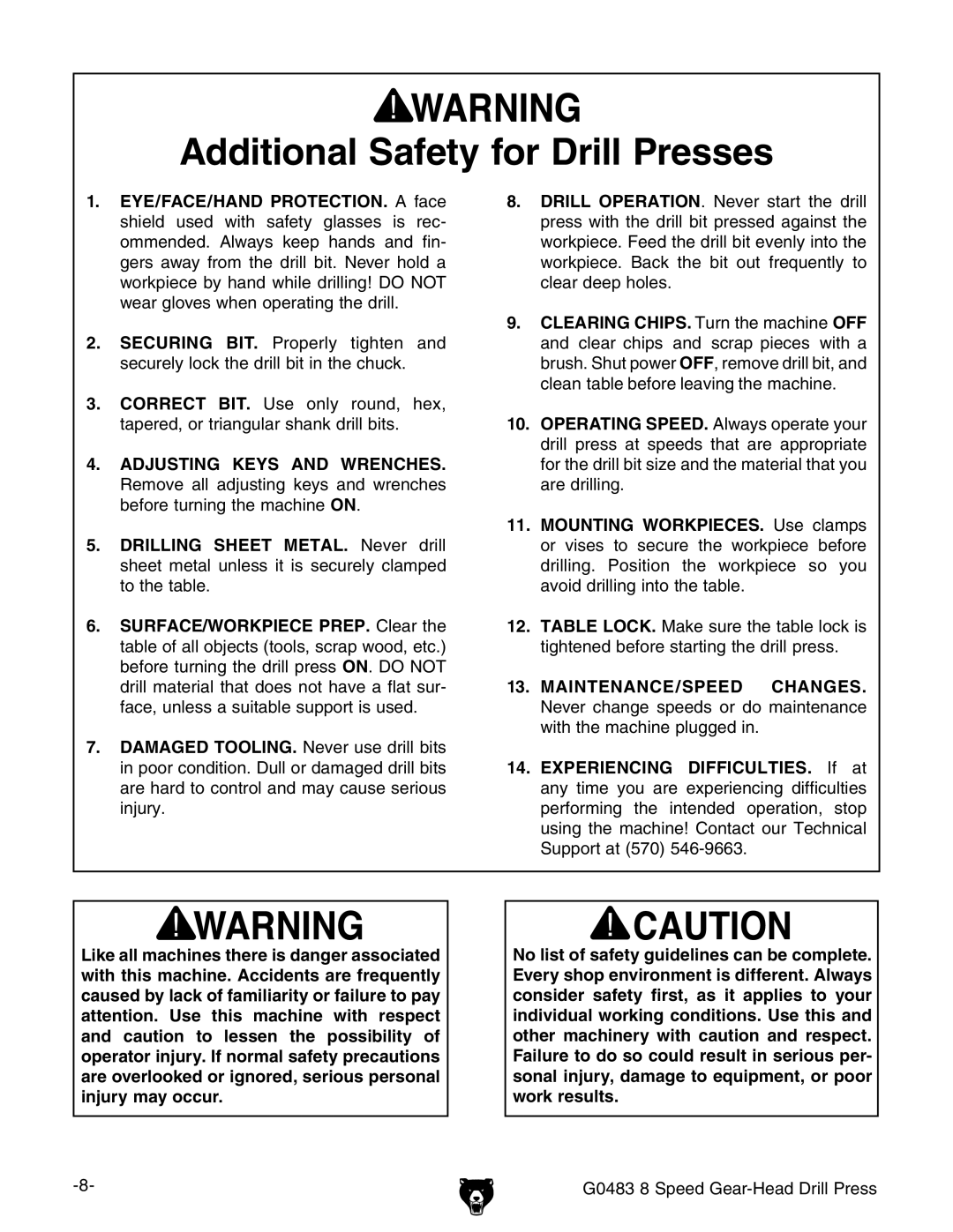 Grizzly G0483 manual Dditional 3AFETY for $RILL 0RESSES 