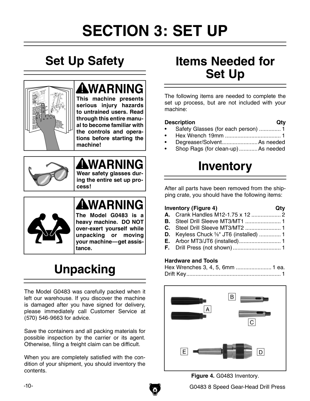 Grizzly G0483 manual #4/. 3%4, 3ETT5P 3AFETY, 5NPACKING, Nventory 