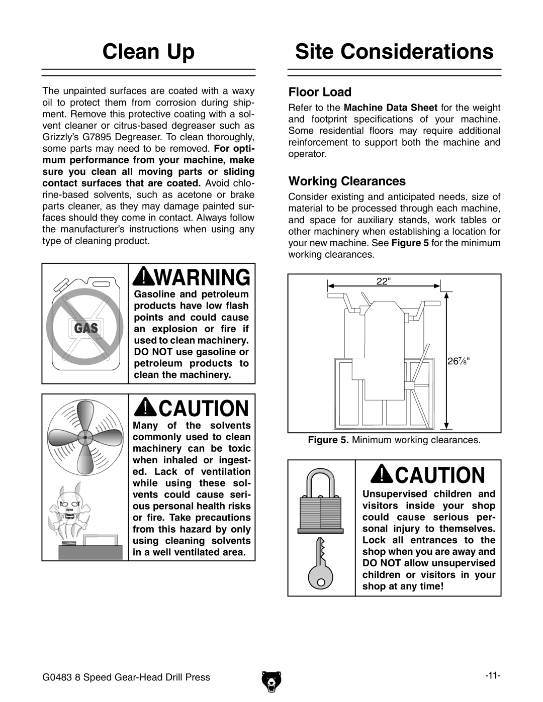 Grizzly G0483 manual #LEAN 5P, 3ITE #ONSIDERATIONS, Looro,Oad, 7ORKINGK#LEARANCES 