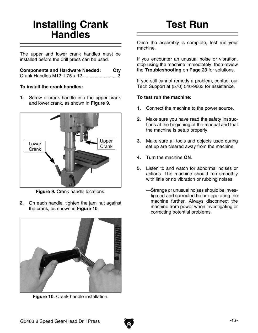 Grizzly G0483 manual Nstalling #RANK Andles, 4EST 2UN, #OMPONENTS and Ardware .EEDED 1TY, 4O Install the Crank HANDLES 