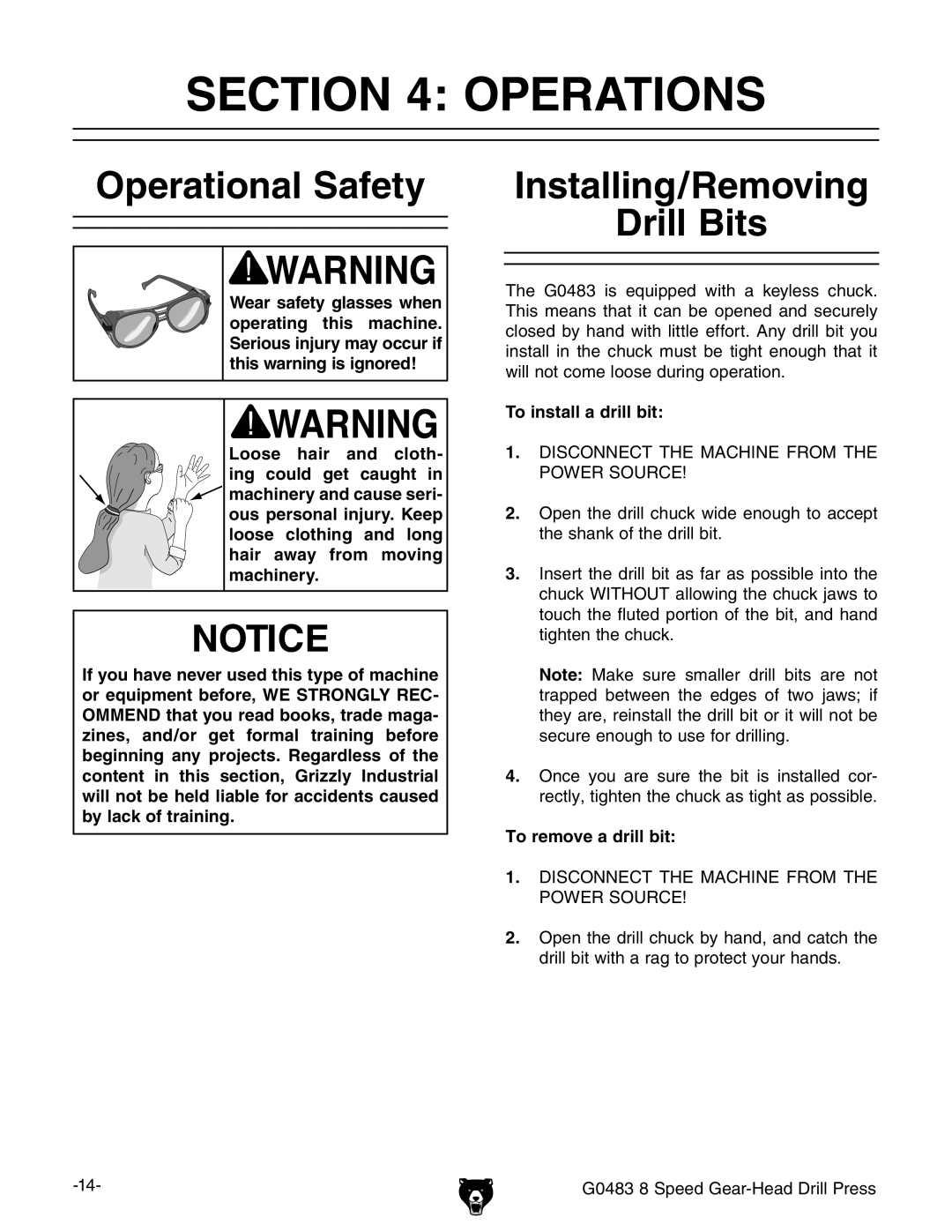 Grizzly G0483 manual #4/.  /0%2!4/.3, Ooseo Hair and Cloth ING could GET Caught, 4O Install a Drill BIT 