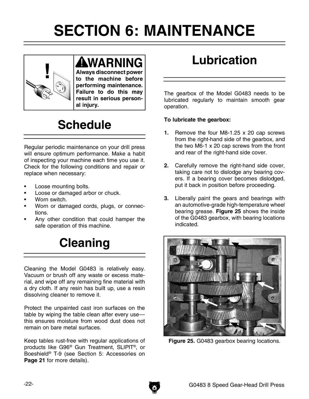 Grizzly G0483 manual #4/. -!.4%.!.#%, 3CHEDULE, #Leaning, Ubrication, 4O LUBRICATEITHEHGEARBOX 