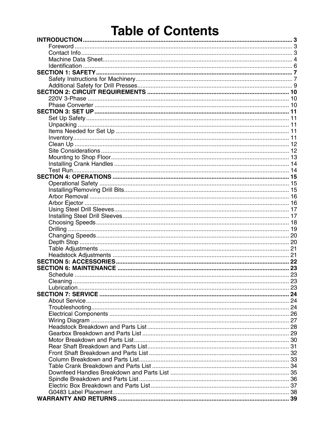 Grizzly G0483 manual 4ABLE of #ONTENTS 